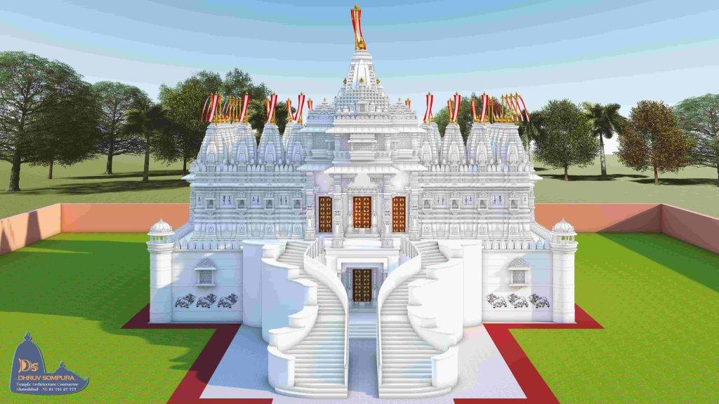 Architectural rendering of Kesariya Dham temple, showcasing a grand white marble structure with intricate carvings, multiple spires, and a majestic staircase entrance, set in a lush green landscape.