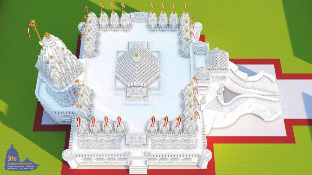 Top view architectural rendering of Kesariya Dham temple, displaying its symmetrical layout, intricate white marble design, central shrine, and grand entrance staircase, surrounded by green landscaping.